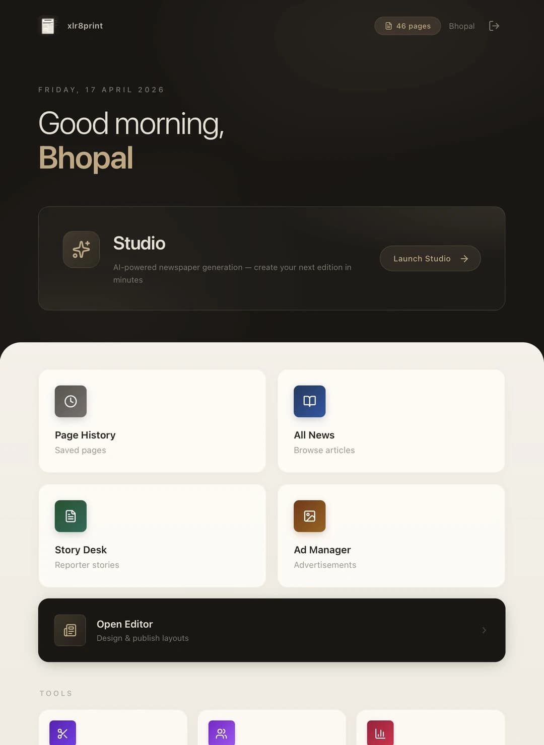 XLR8 Print dashboard welcoming Bhopal publisher with Studio and tool tiles