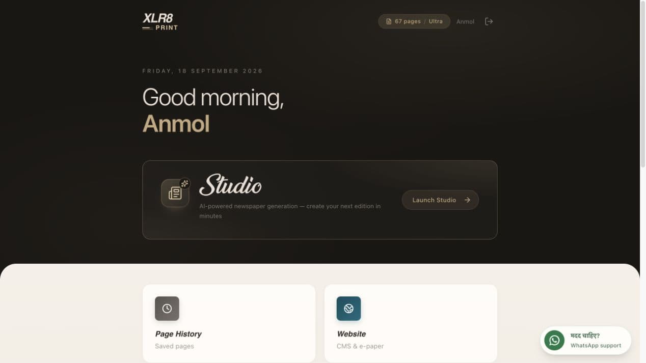XLR8 Print dashboard welcoming a Hindi publisher with Studio and tool tiles
